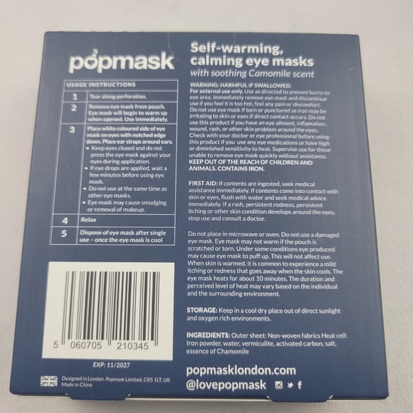 NIB popmask London Calm Self-warming Chamomile Scented Sleep Masks - Picture 2 of 4